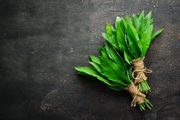 fresh wild garlic leaves on a wooden background top view free space for your - Творог с черемшой