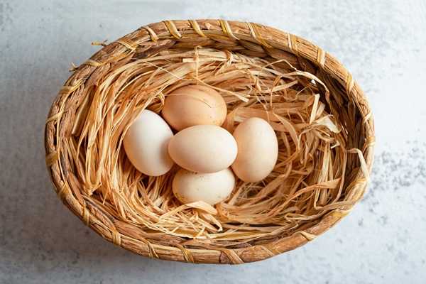 top view of organic chicken eggs in basket over grey surface - Биточки из сныти