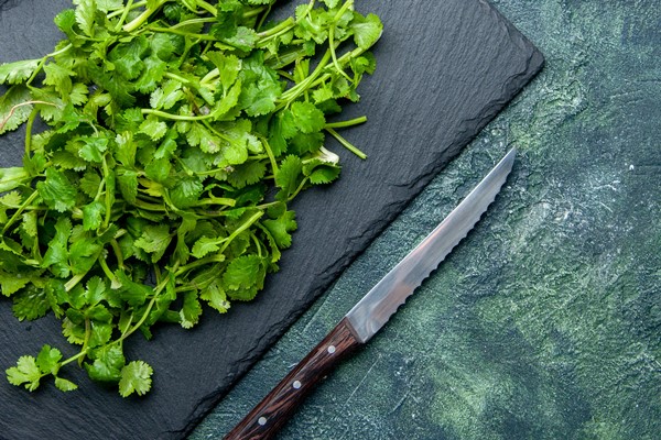 close up view of coriander bundle fresh whole chopped radishes pepper on wooden cutting board and knife on the right side on green black mixed colors background with free space - Тюря острая