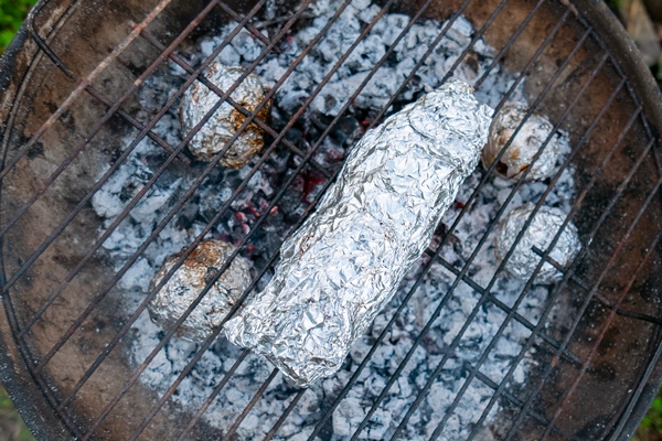 fish wrapped in foil on the grill cooking juicy fish over an open fire and coals - Организация трапезы в походе: хранение продуктов, походная кухня, утварь, меню