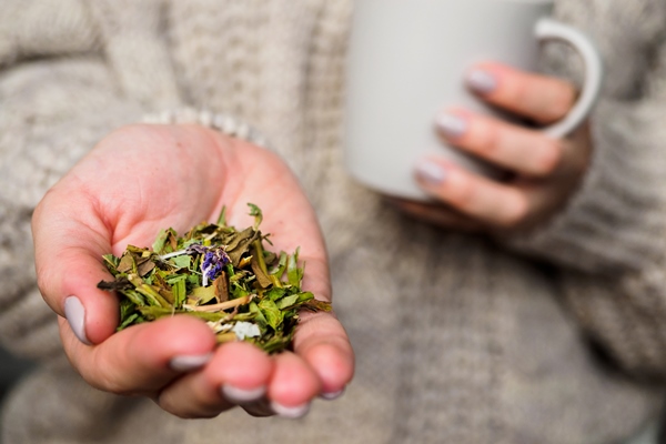 girl in sweater sipping tea with herbs - Иван-чай