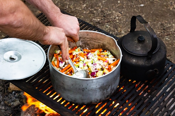 tourist cooks vegetable food on the bonfire - Овощное туристическое рагу