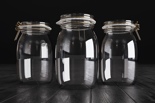 3d render of realistic transparent clear bottle on a dark wooden background empty glass jar - Варенье из персиков