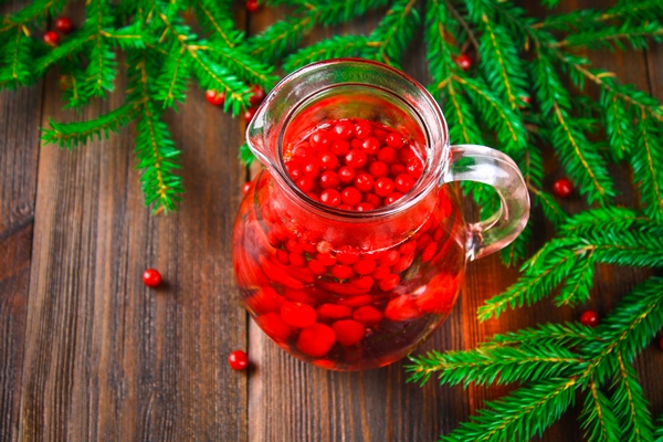 morse or tea from cowberry in a glass jug surrounded by fir branches on a wooden table - Мочёная брусника