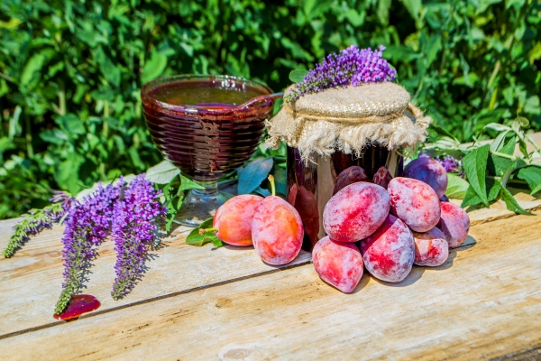 plums jam on old wooden table plum jam and fresh plums over wood background - Сливово-имбирный джем