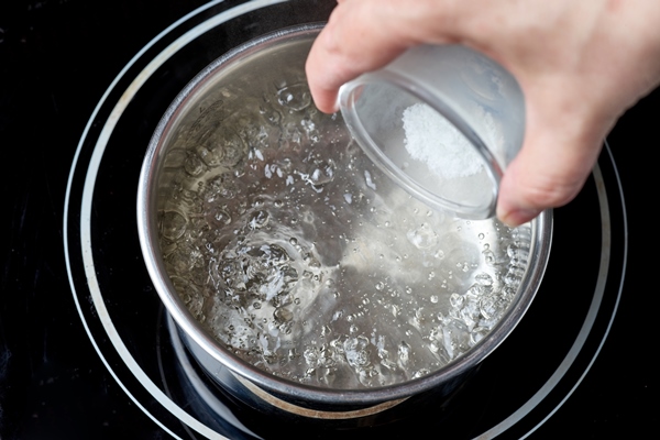 salt is added to boiling water pot on electric induction hob - Мочёная брусника