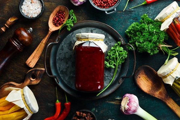 homemade marinated beetroot pasta for borsch soup in a glass jar ukrainian cuisine food supplies top view - Консервированная борщевая заправка