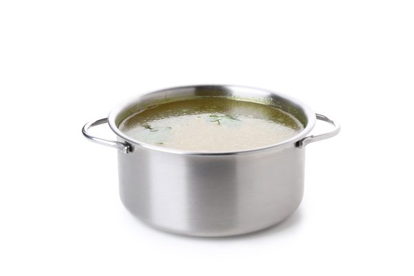 pan with chicken soup or broth isolated on white background - Калья куриная