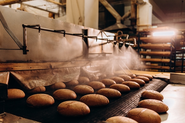the oven in the bakery hot fresh bread leaves the industrial oven in a bakery automatic bread production line - Ржаной кислый хлеб