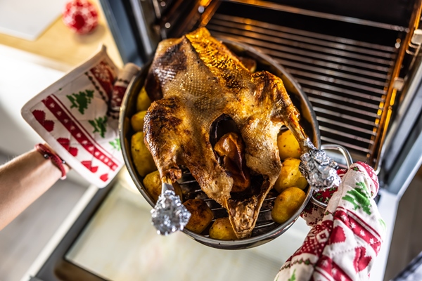 female hands with christmas gloves take out a baked goose from the oven - Святочные кулинарные традиции. Гусь с яблоками