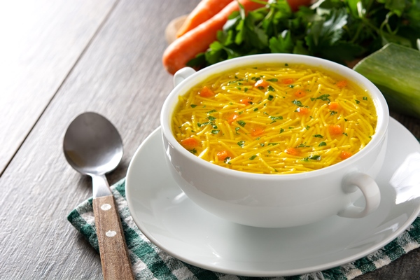 chicken noodle soup in white bowl on wooden table - Суп картофельный с макаронами (школьное питание)