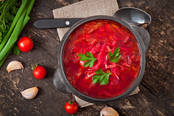 traditional ukrainian russian vegetable borsch old wooden surface - Борщ в мультиварке