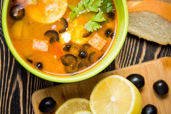 traditional russian soup solyanka bowl table - Постная солянка с шампиньонами