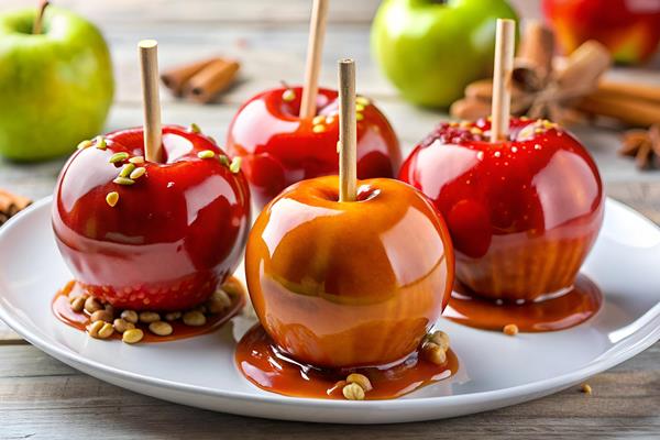 testy red caramel apples white plate - Яблоки в карамели