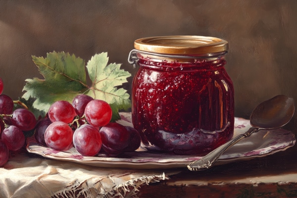 still life jar homemade grape jam fresh grapes vintage plate spoon 1 - Варенье из винограда