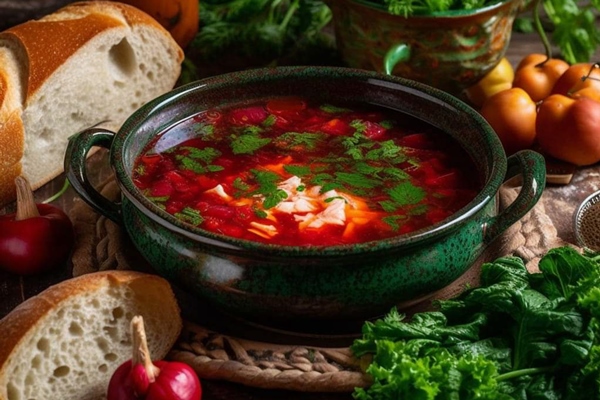 bowl soup with bread radish side kopiya - Борщ по-флотски