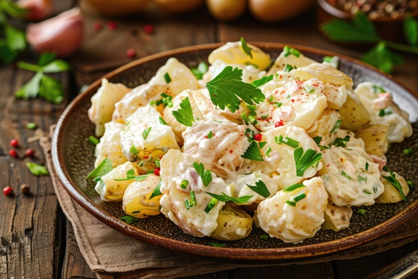 creamy potato salad garnished with fresh herbs spices wooden table - Немецкий картофельный салат