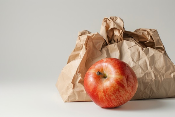 red apple front crumpled brown paper bag white background - Как ускорить созревание овощей и фруктов