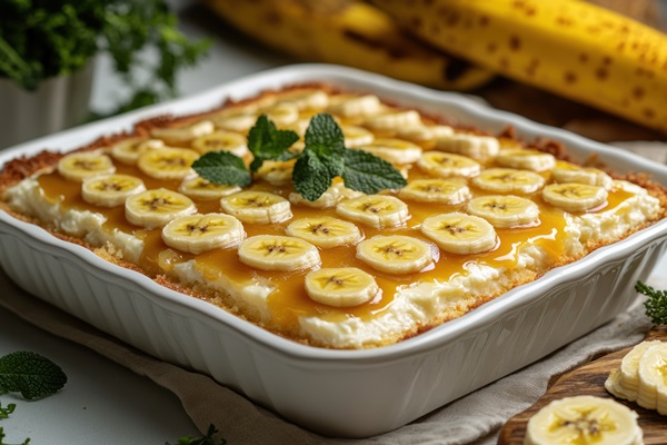 sumptuous banana treat topped with luscious caramel fresh mint leaves - Банановая запеканка