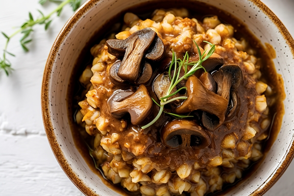 boiled buckwheat adorned with rich earthy mushroom sauce - Перловая каша с грибами