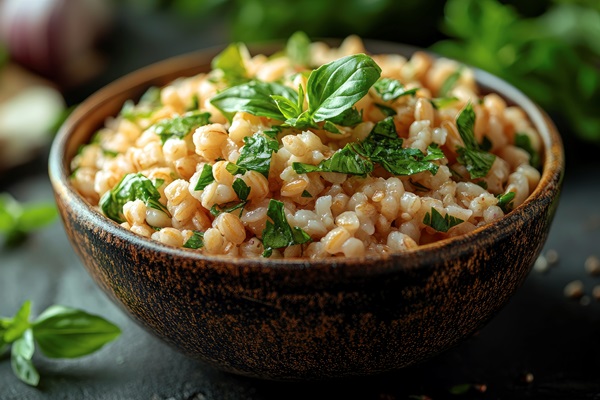 closeup bowl cooked barley with fresh basil - Гороховая каша с перловкой