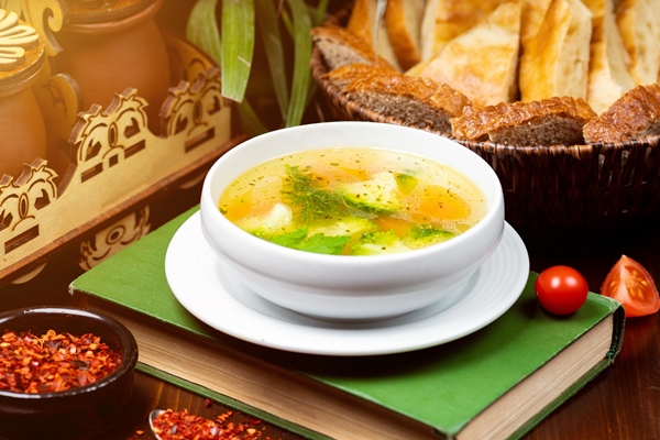 homemade chicken vegetable soup overhead view book table - Картофельный суп с минтаем