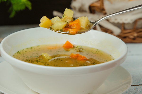 spoon with chicken soup with vegetables dill - Простой постный картофельный суп