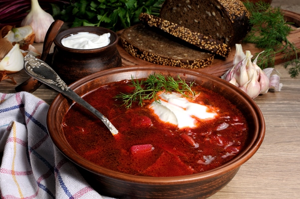 vegetable beetroot soup table with slices rye cereal bread gluten sour cream - Борщ галицкий