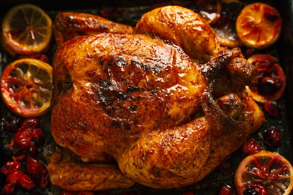baked appetizing whole chicken with oranges and cranberries in oven form closeup - Лучшие рецепты горячих праздничных блюд для рождественского стола