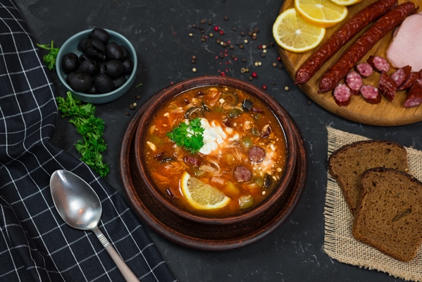 bowl soup with bread vegetables table - Солянка "Рождественская"