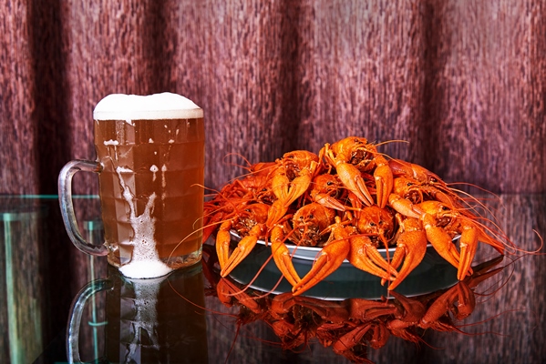 mug with cold beer hot boiled crayfish - Раки по-немецки