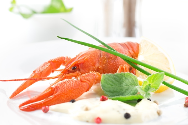 red boiled crayfish with sauce herbs - Раки по-польски