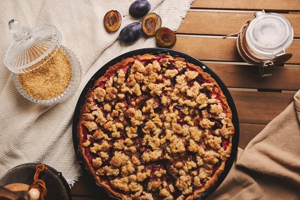 delicious plum pie with chemex coffee ingredients with fabric wooden table with fabric - Морковный пирог по-монастырски