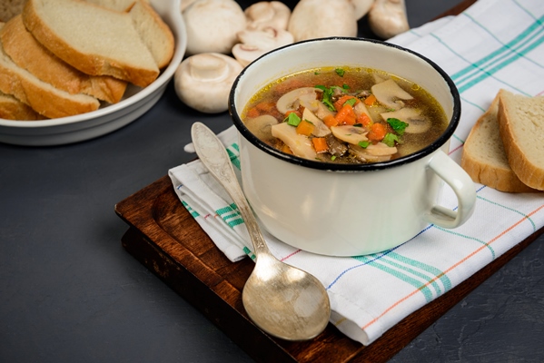 tasty soup pan gray surface close up - Суп "Пейзан" с грибами (старинный рецепт)