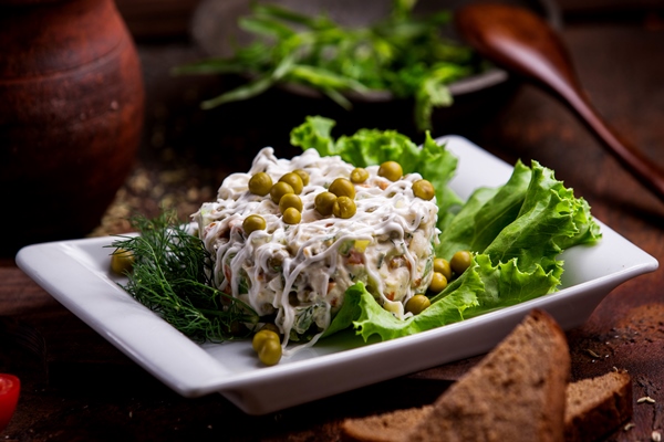 capital salad with peas table - Мясной салат с огурцами и зелёным горошком