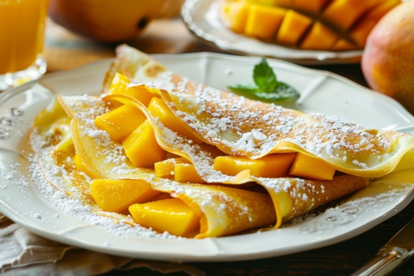 fresh mango crepes plate with juicy slices syrup - Блинчики по-гонконгски