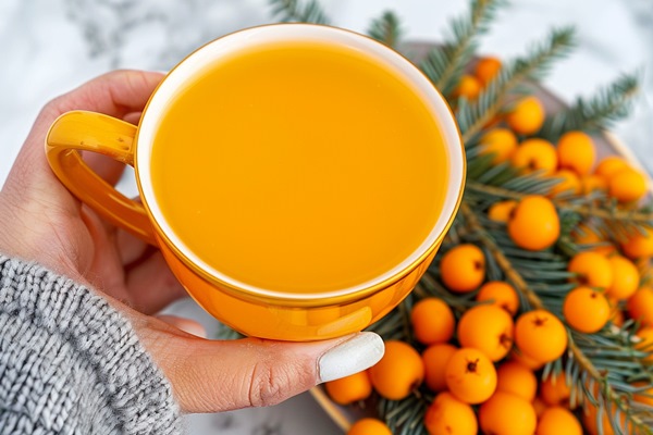 high angle woman holding glsss with sea buckthorn tea - Чай из облепихи и тропических фруктов