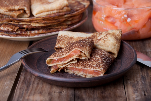 salted salmon with pancakes - Блинные рулетики с сёмгой и хреном