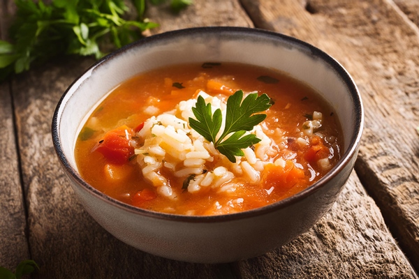 tomato rice soup bowl wooden background healthy eating diet vegan dish - Суп рисовый без масла