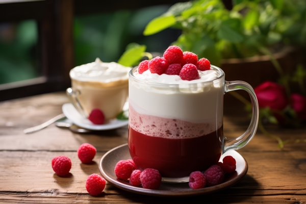 delightful morning with raspberry vanilla latte beautifully presented clear glass mug - Кисель со взбитыми сливками