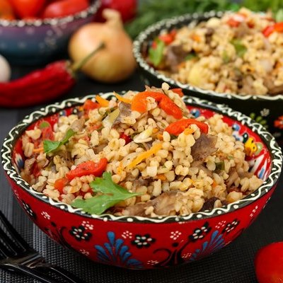 Постный плов с булгуром и грибами